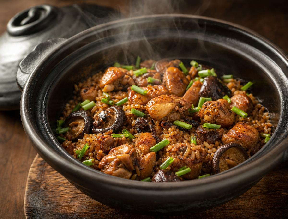 Brown rice claypot chicken with mushrooms and spring onion