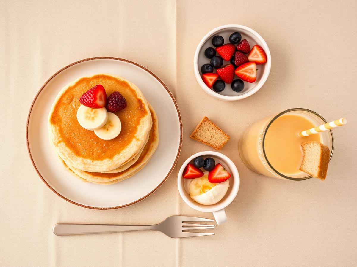 Kid-friendly breakfast — oat pancakes, berries, soft-boiled eggs, and a banana smoothie